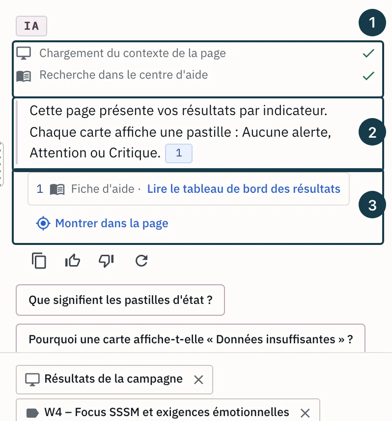 Écran des résultats : la réponse de l'Assistant IA et ses sources