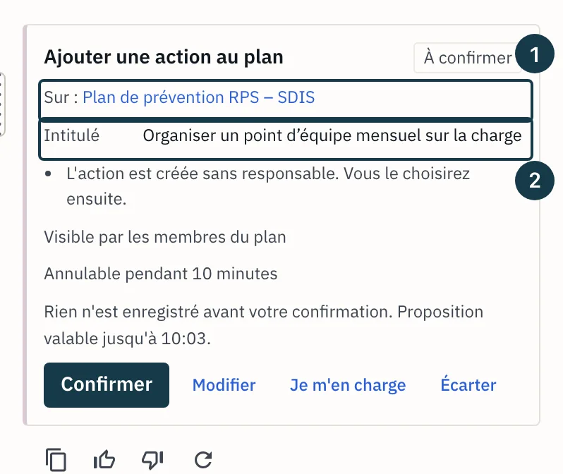 Écran d'un plan d'action : la carte « À confirmer » d'une action proposée