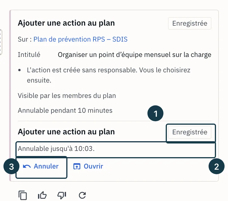 Écran d'un plan d'action : la carte « Enregistrée » et son bouton « Annuler »