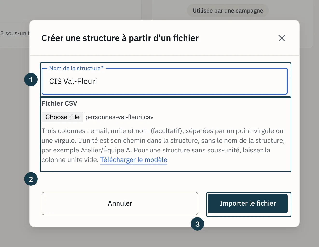 Fenêtre « Créer une structure à partir d'un fichier » : le nom, le fichier choisi et le bouton d'import