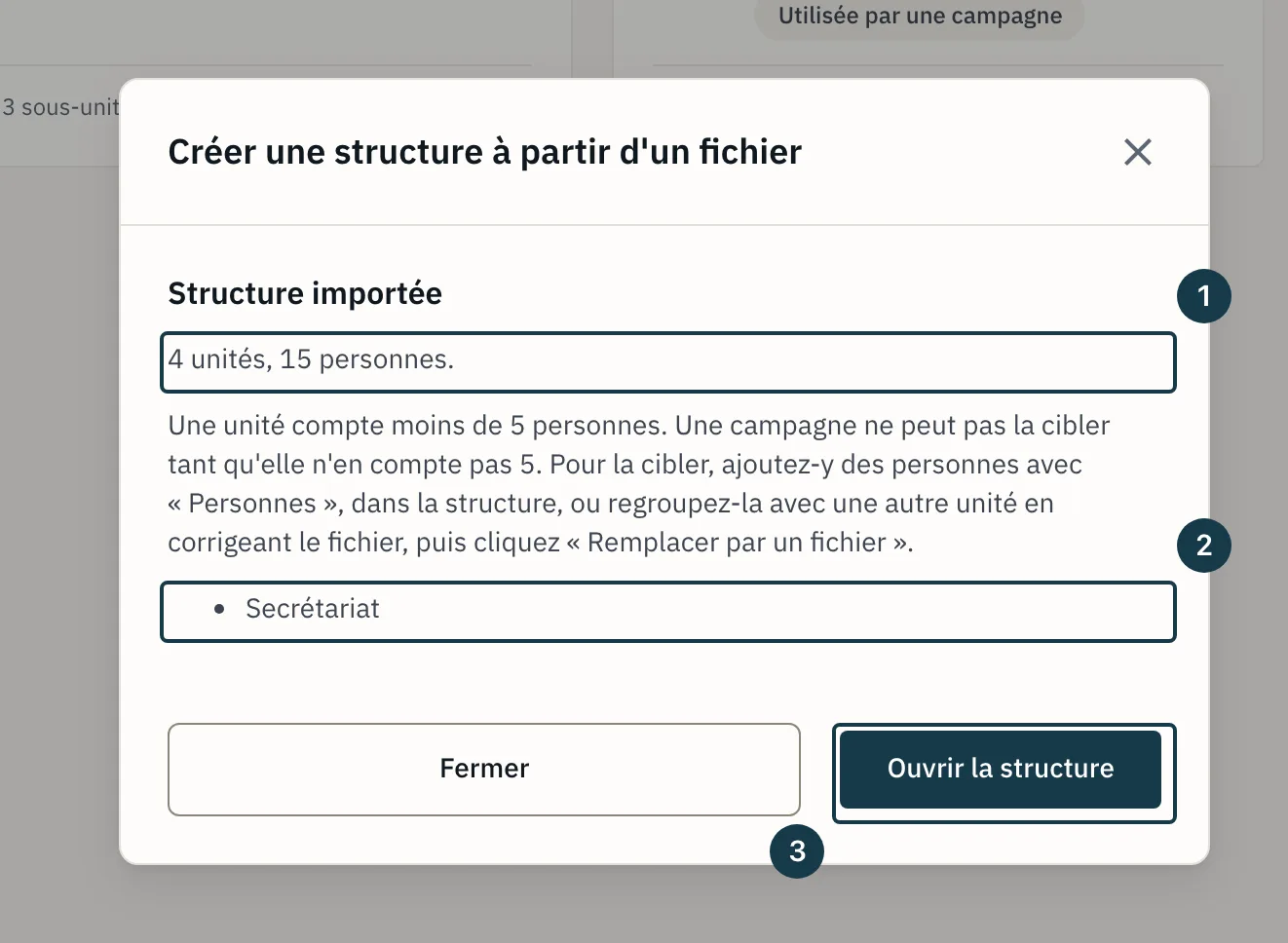 Fenêtre d'import : « Structure importée », le nombre d'unités et de personnes, les unités de moins de 5 personnes