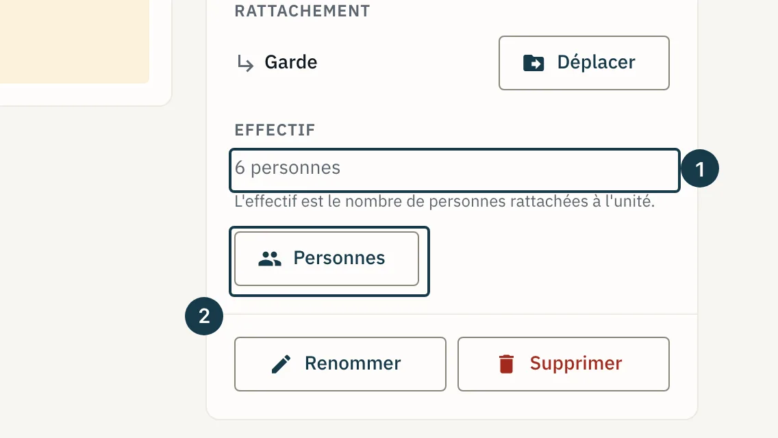 Écran d'une structure : l'effectif compté en personnes et le bouton « Personnes » du panneau de détail