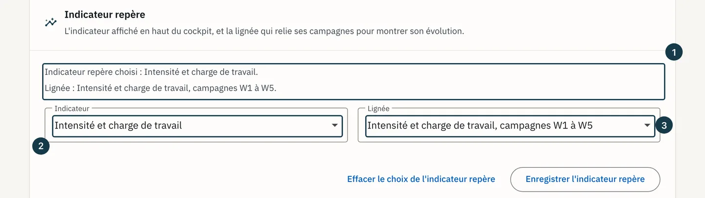 Écran « Priorités et indicateur repère » : la section « Indicateur repère » et l'état enregistré