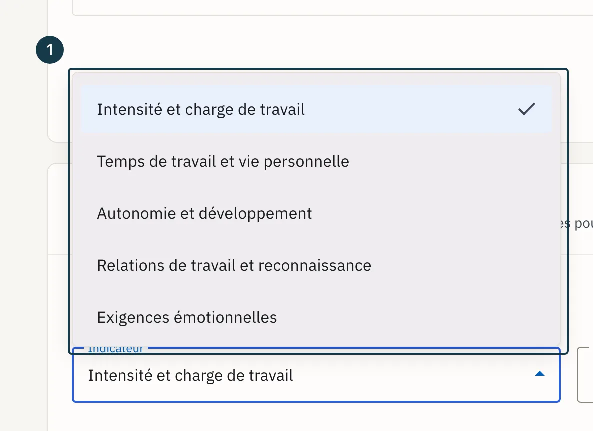 Écran « Priorités et indicateur repère » : la liste « Indicateur » déroulée