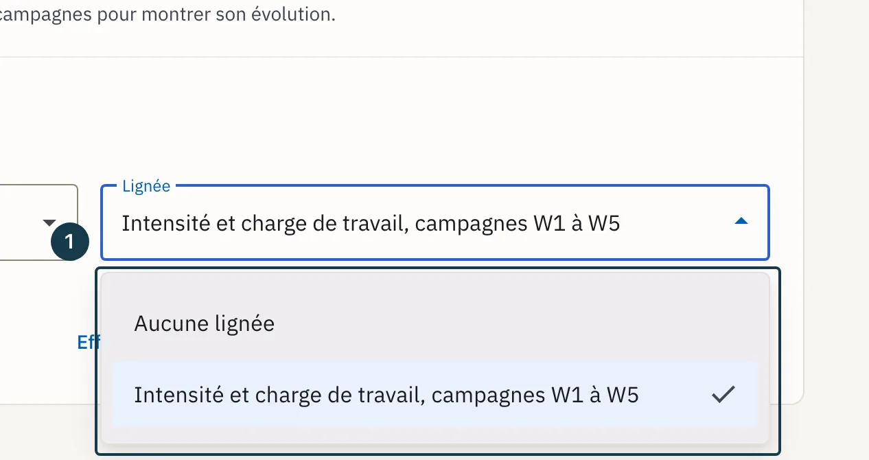 Écran « Priorités et indicateur repère » : la liste « Lignée » déroulée