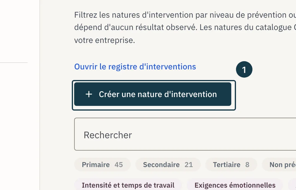 Écran « Bibliothèque d'interventions » : le bouton « Créer une nature d'intervention »