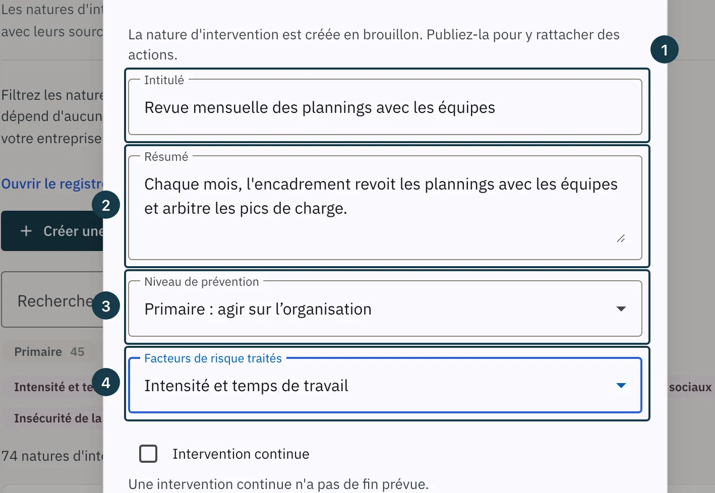 Écran « Bibliothèque d'interventions » : l'intitulé, le résumé, le niveau de prévention et les facteurs de risque traités