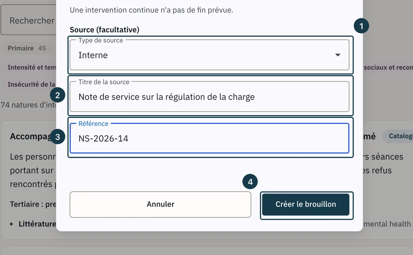 Écran « Bibliothèque d'interventions » : la partie « Source (facultative) » de la fenêtre