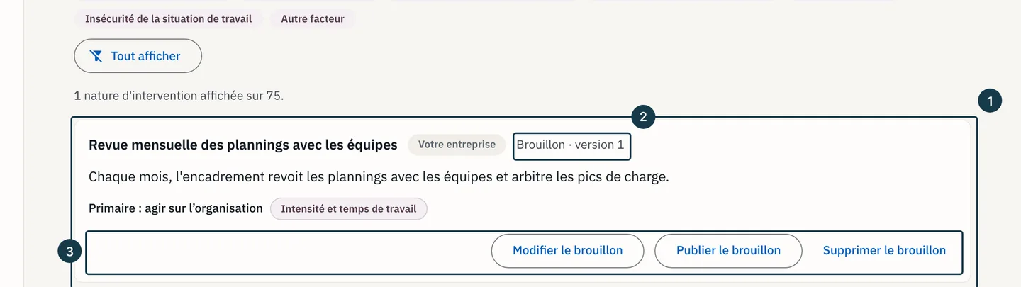 Écran « Bibliothèque d'interventions » : la carte du brouillon et ses boutons