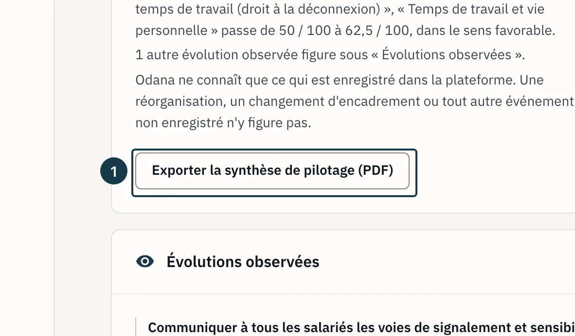 Écran « Cockpit » : le bouton « Exporter la synthèse de pilotage (PDF) » au pied de la carte
