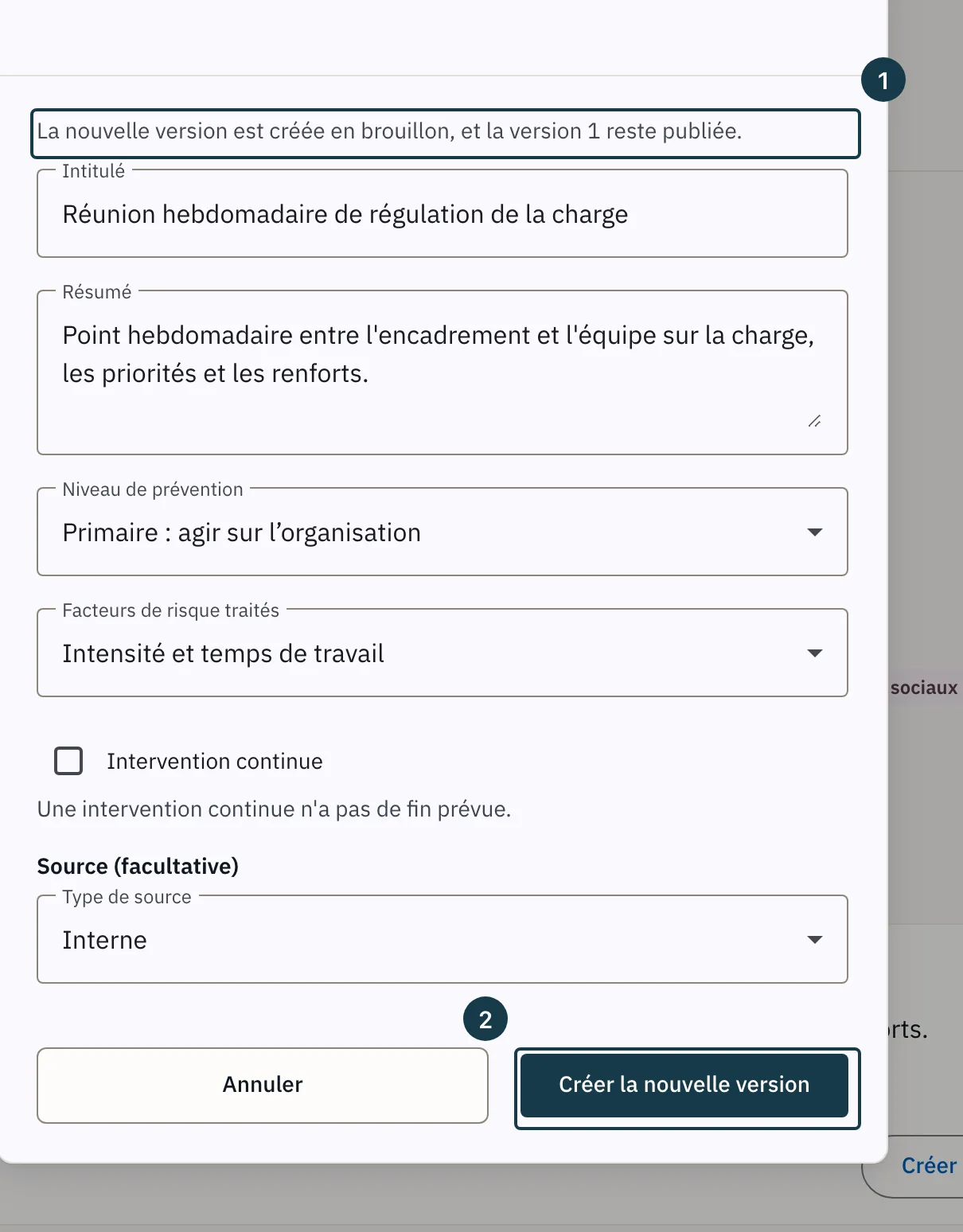 Écran « Bibliothèque d'interventions » : la fenêtre « Créer une nouvelle version »