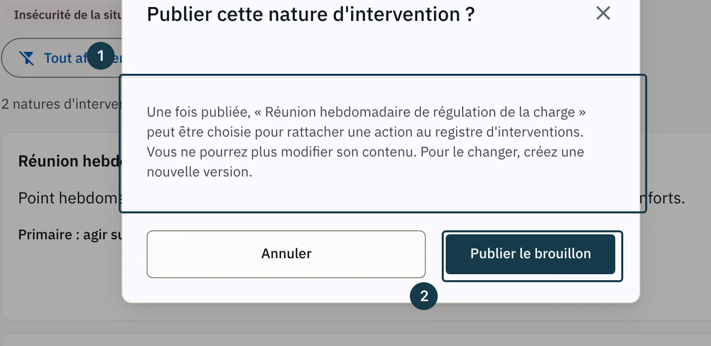 Écran « Bibliothèque d'interventions » : la fenêtre « Publier cette nature d'intervention ? »