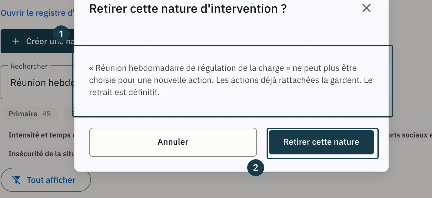 Écran « Bibliothèque d'interventions » : la fenêtre « Retirer cette nature d'intervention ? »