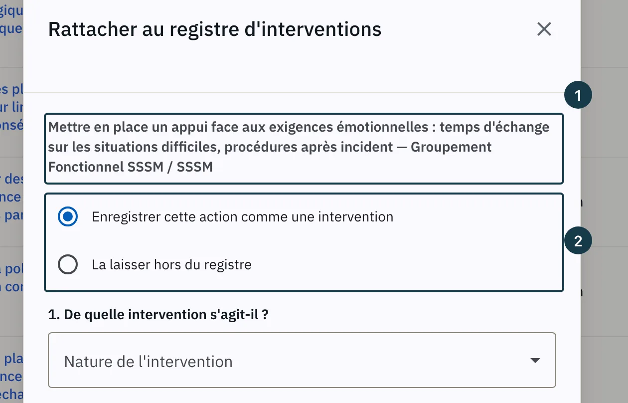 Écran « Actions de toute l'entreprise » : la fenêtre « Rattacher au registre d'interventions » et ses deux choix