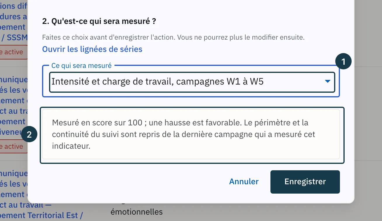 Écran « Actions de toute l'entreprise » : le deuxième temps de la fenêtre et la lignée retenue