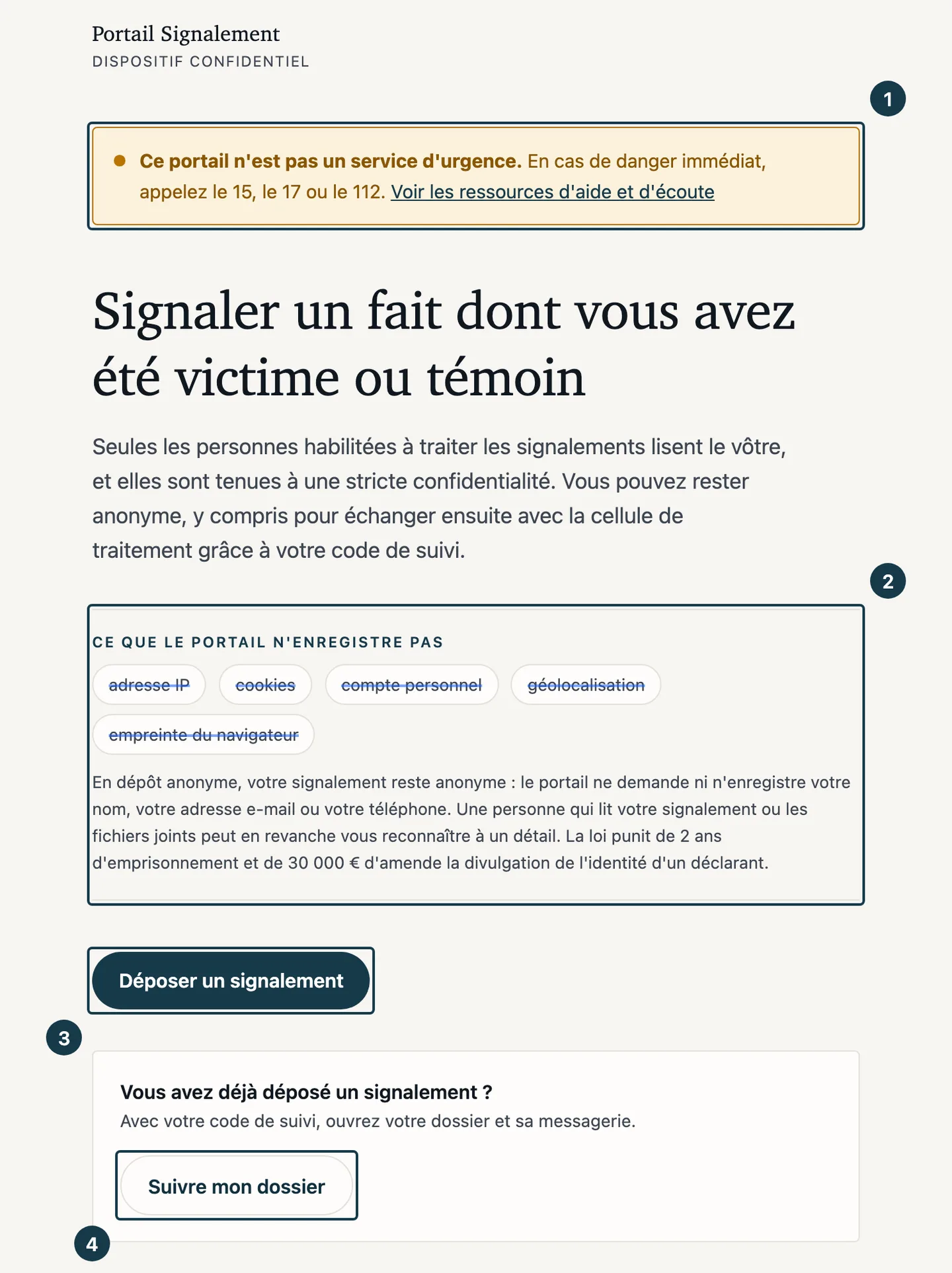 Écran d'accueil du portail&nbsp;: le bandeau d'urgence, l'encadré «&nbsp;Ce que le portail n'enregistre pas&nbsp;» et les deux boutons