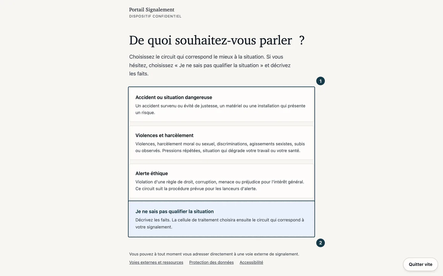 Écran «&nbsp;De quoi souhaitez-vous parler&nbsp;?&nbsp;»&nbsp;: les trois circuits et le choix «&nbsp;Je ne sais pas qualifier la situation&nbsp;»