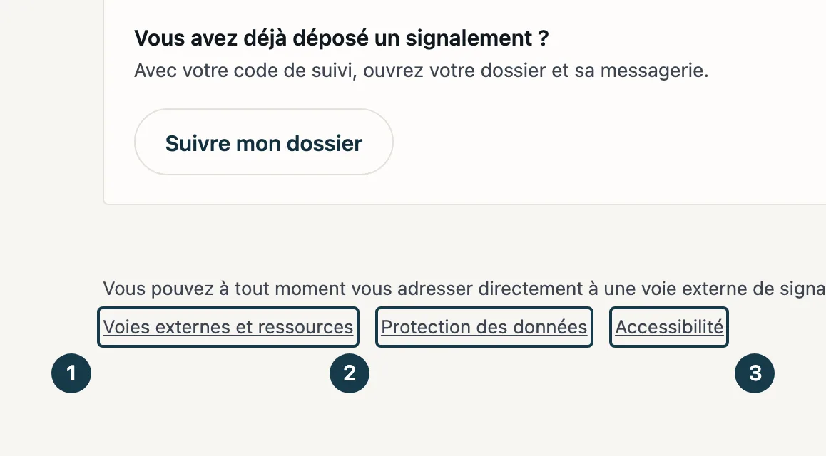 Écran d'accueil du portail&nbsp;: les trois liens du pied de page