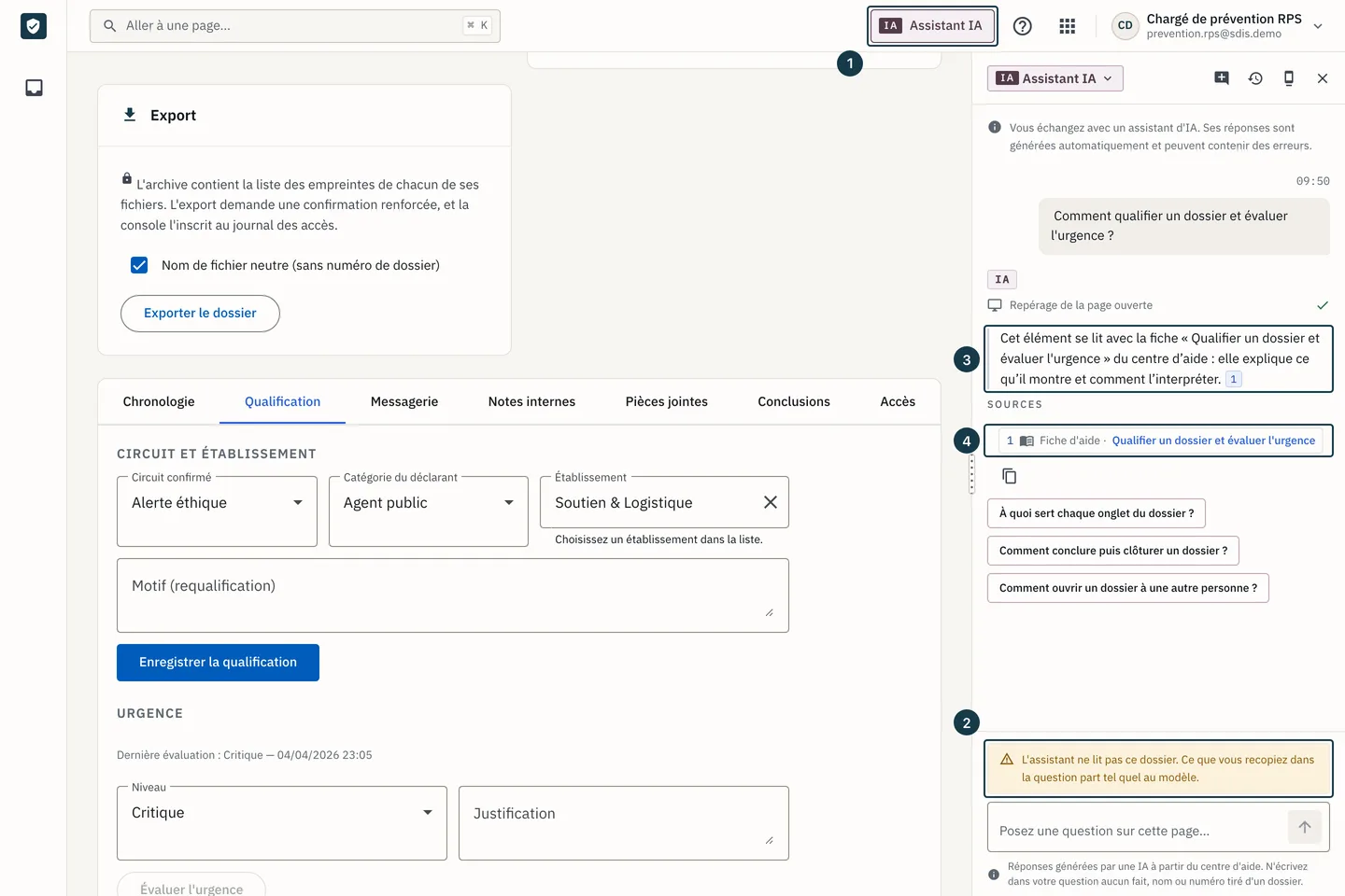 Onglet « Qualification » d'un dossier : le panneau de l'Assistant IA ouvert sur une réponse et ses « Sources »