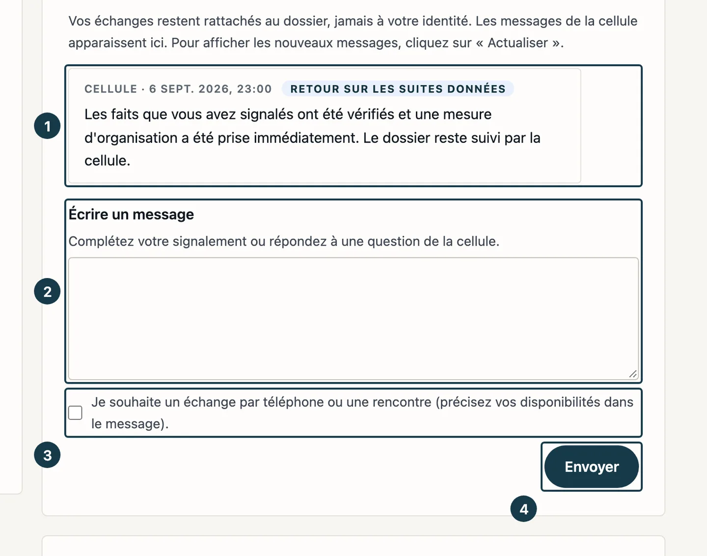 Écran du dossier&nbsp;: le fil des messages, la zone de saisie et le bouton d'envoi