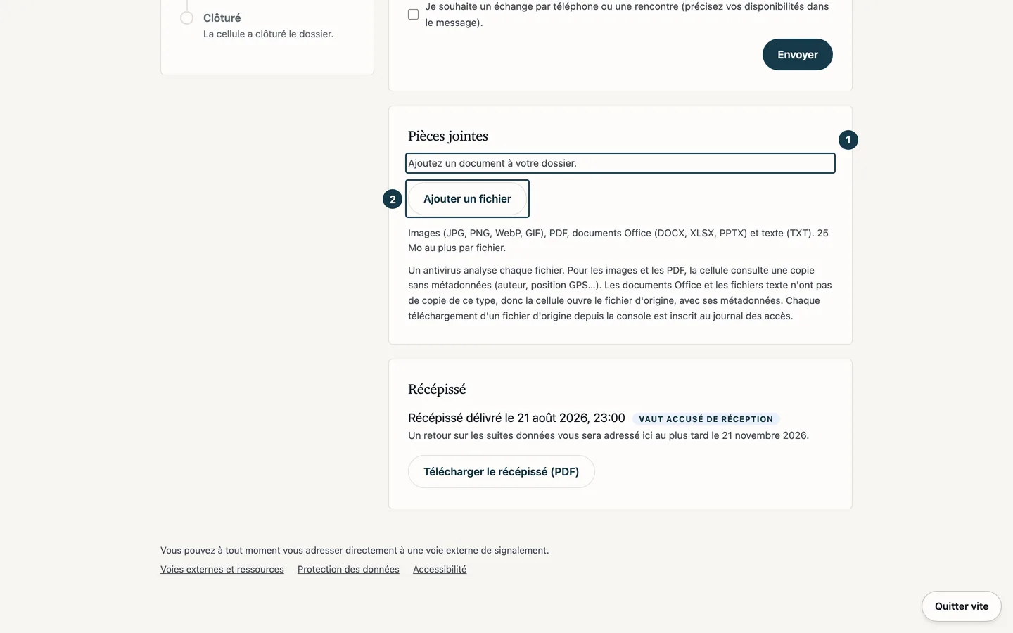 Écran du dossier&nbsp;: la carte des pièces jointes et son bouton d'ajout
