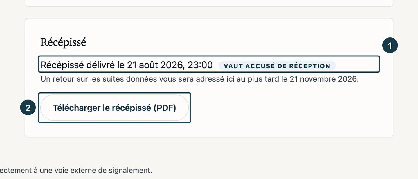 Écran du dossier&nbsp;: la carte «&nbsp;Récépissé&nbsp;», sa ligne de délivrance et le bouton de téléchargement